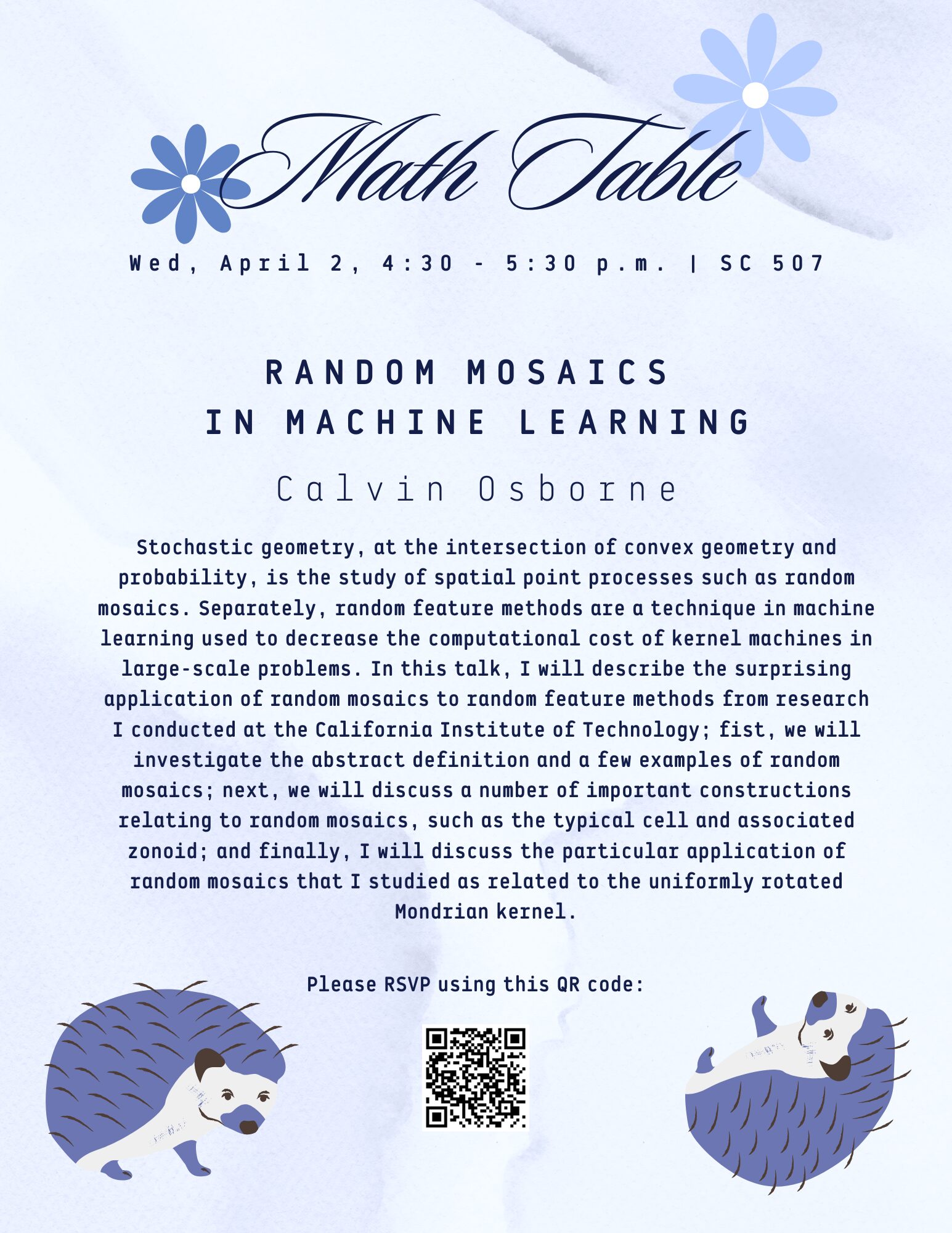 A poster with details about the April 2, 2025 Harvard Math Table talk.