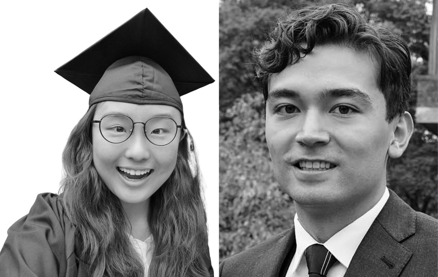 Black and white, side by side photos of the two Harvard math graduates honored with the 2026 Morgan Prize for Outstanding Research in Mathematics by an Undergraduate Student.