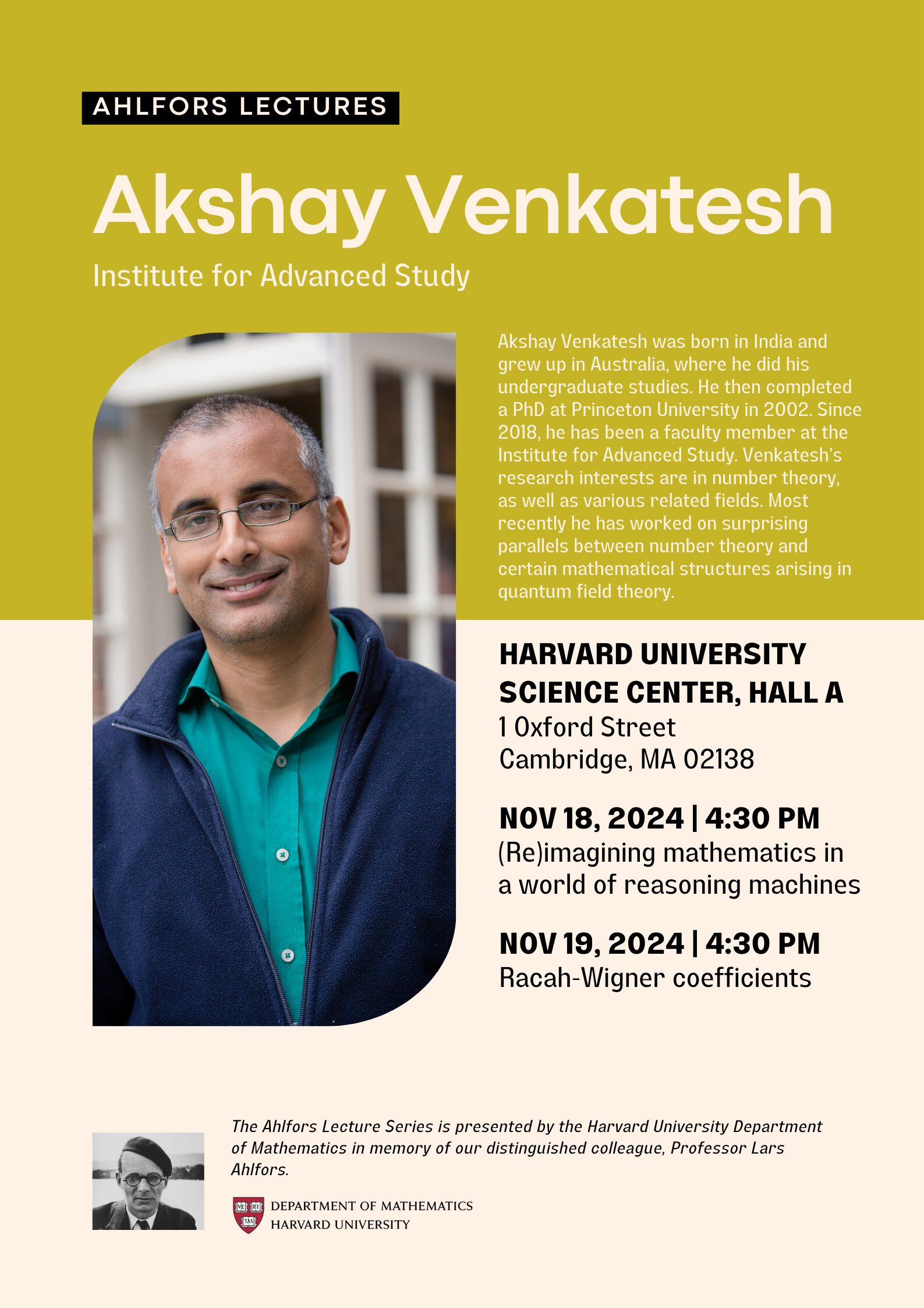 Poster for the 2024 Harvard math department Ahlfors Lecture Series.