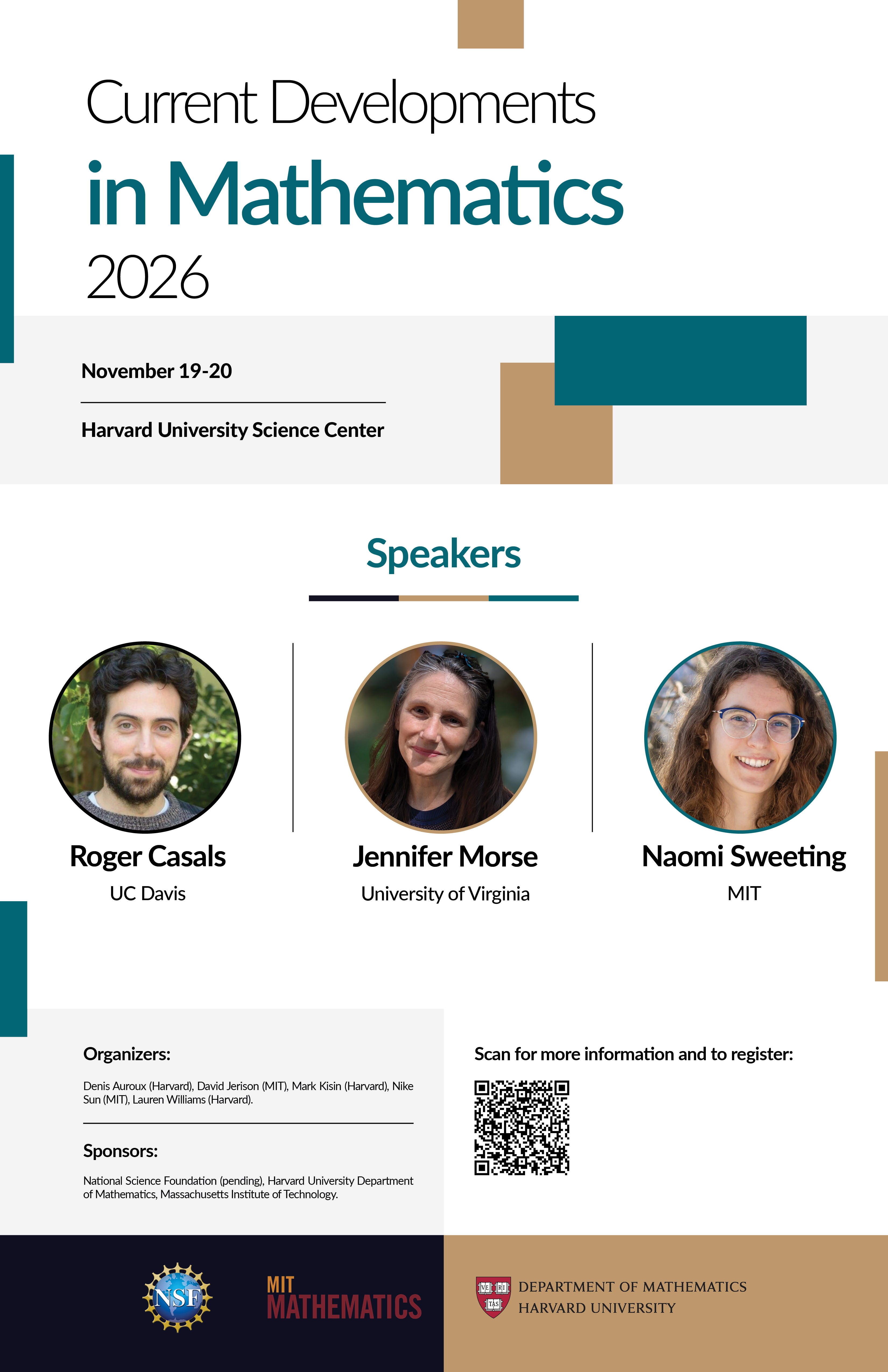 A poster with event details for the 2026 Current Developments in Mathematics conference held at Harvard.