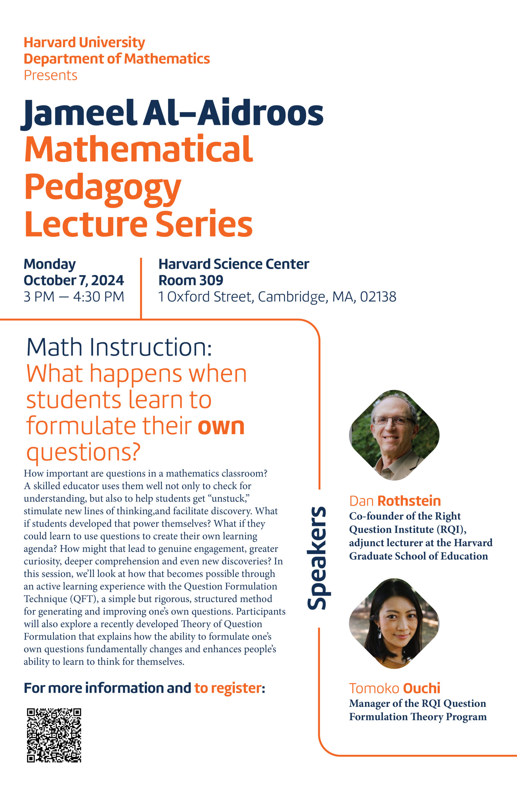 A poster for the Harvard math department 2024 Jameel Al-Aidroos Mathematical Pedagogy Lecture Series.