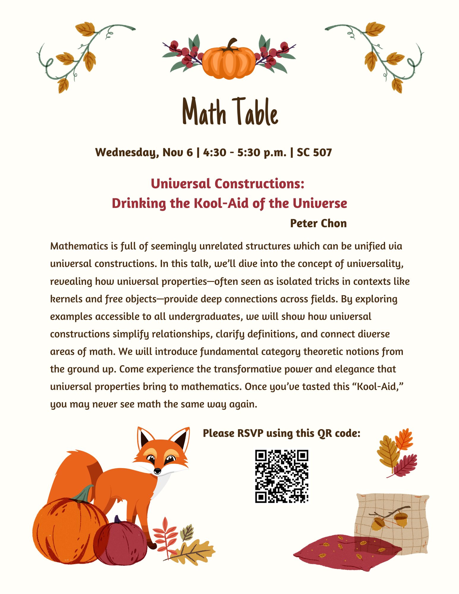 A poster with details about the November 6, 2024 Harvard Math Table talk.