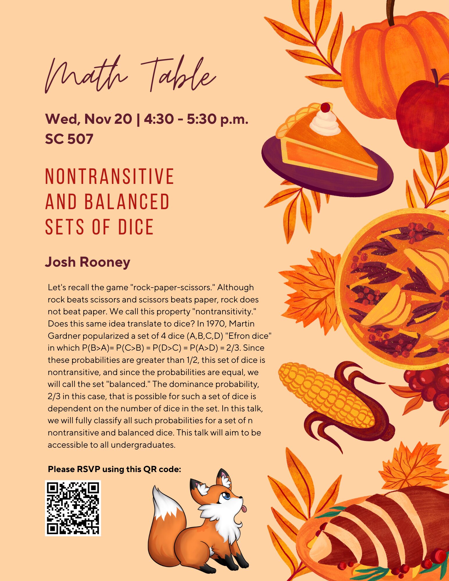 A poster with details about the November 20, 2024 Harvard Math Table talk.