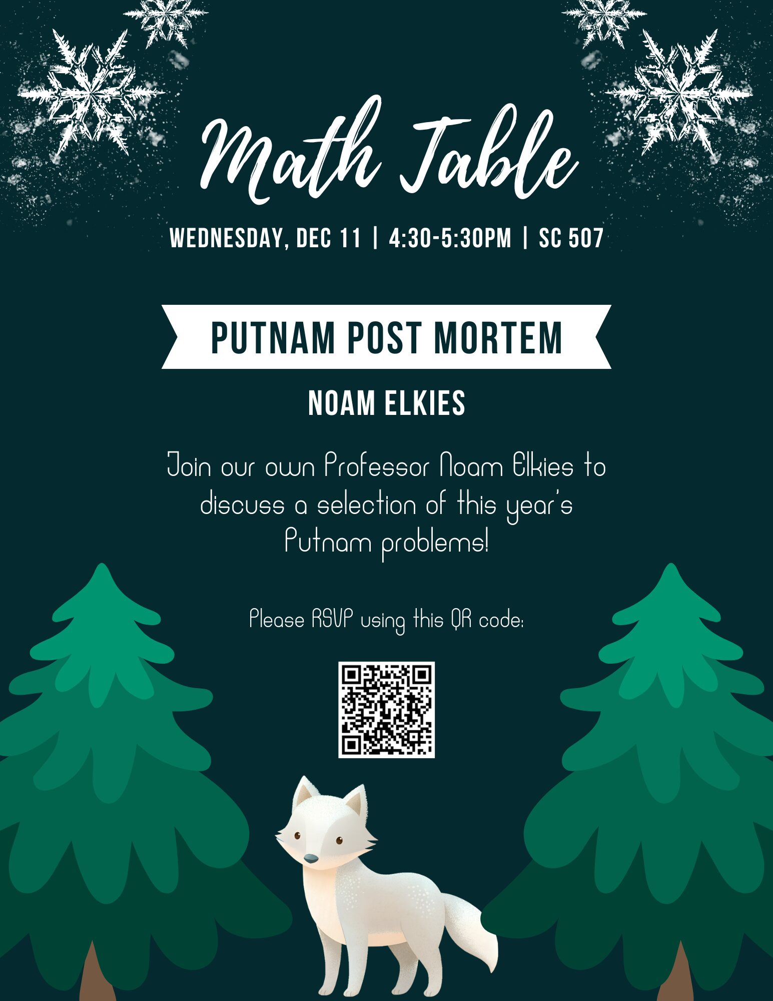 A poster with details about the December 11, 2024 Harvard Math Table talk.