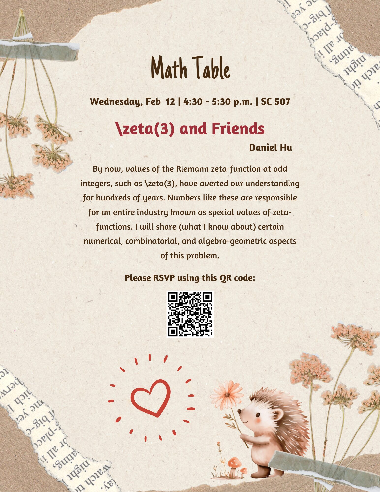 A poster with details about the February 12, 2025 Harvard Math Table talk.