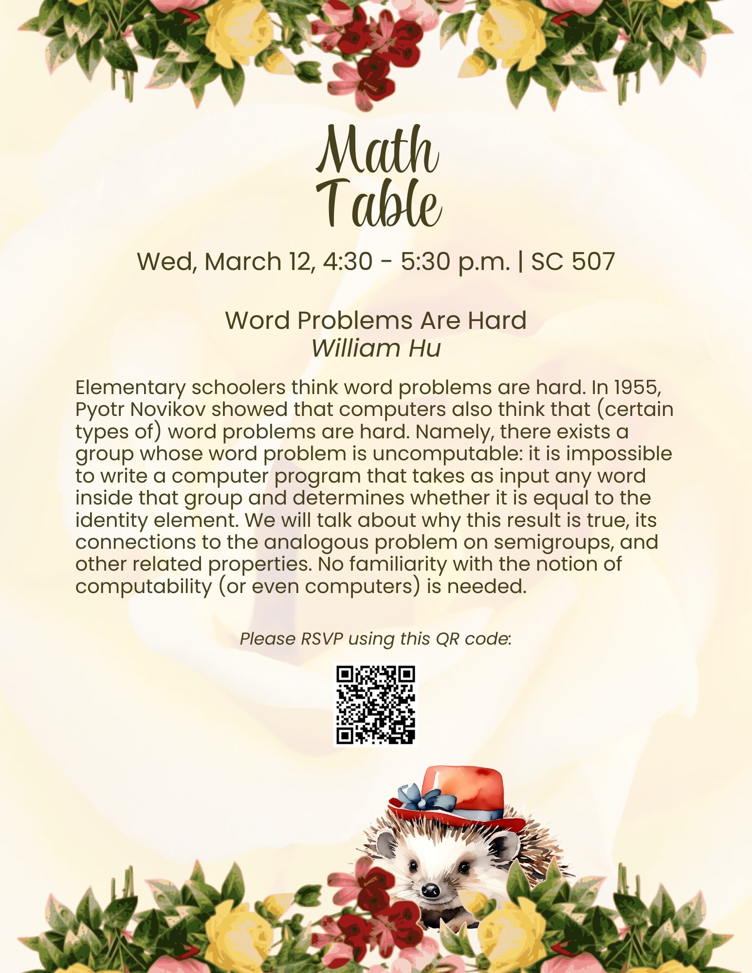 A poster with details about the March 12, 2025 Harvard Math Table talk.