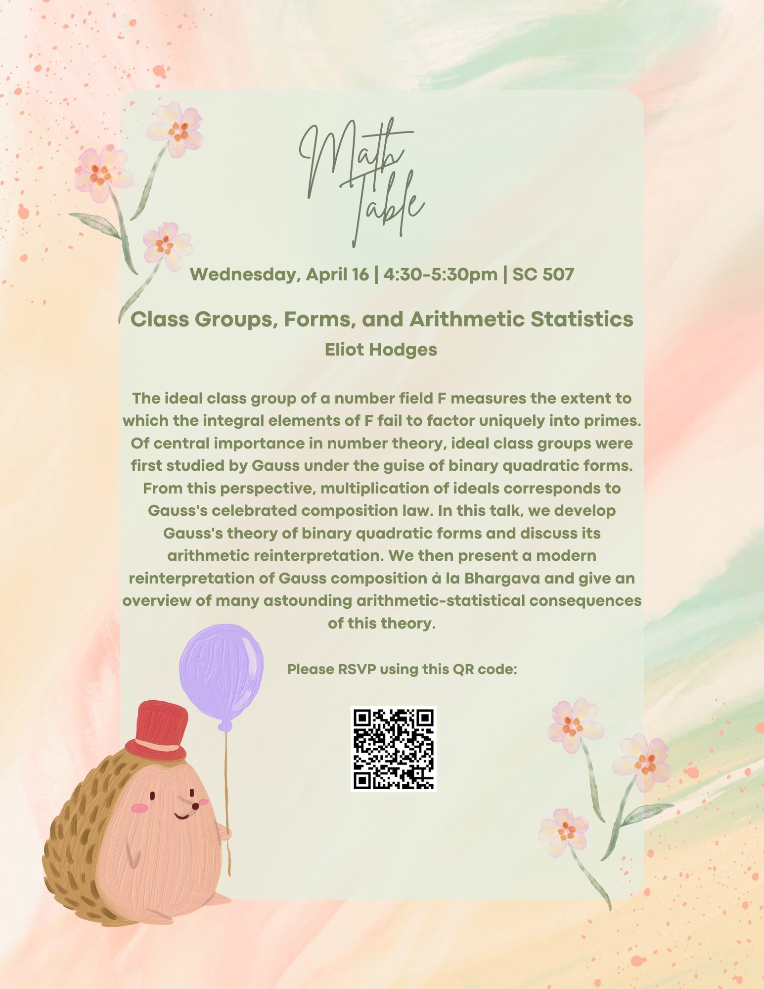 A poster with details about the April 16, 2025 Harvard Math Table talk.