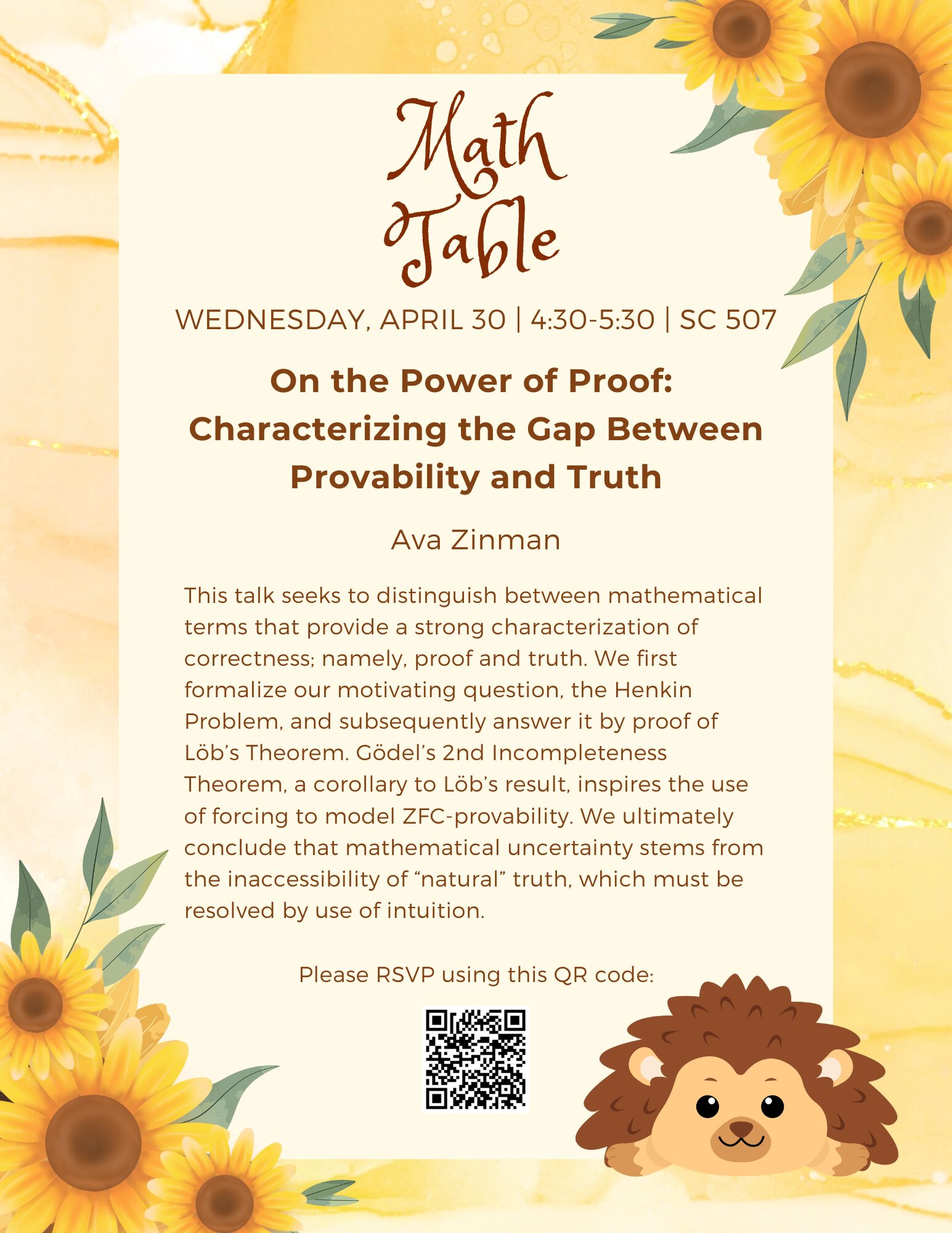 A poster with details about the April 30, 2025 Harvard Math Table talk.