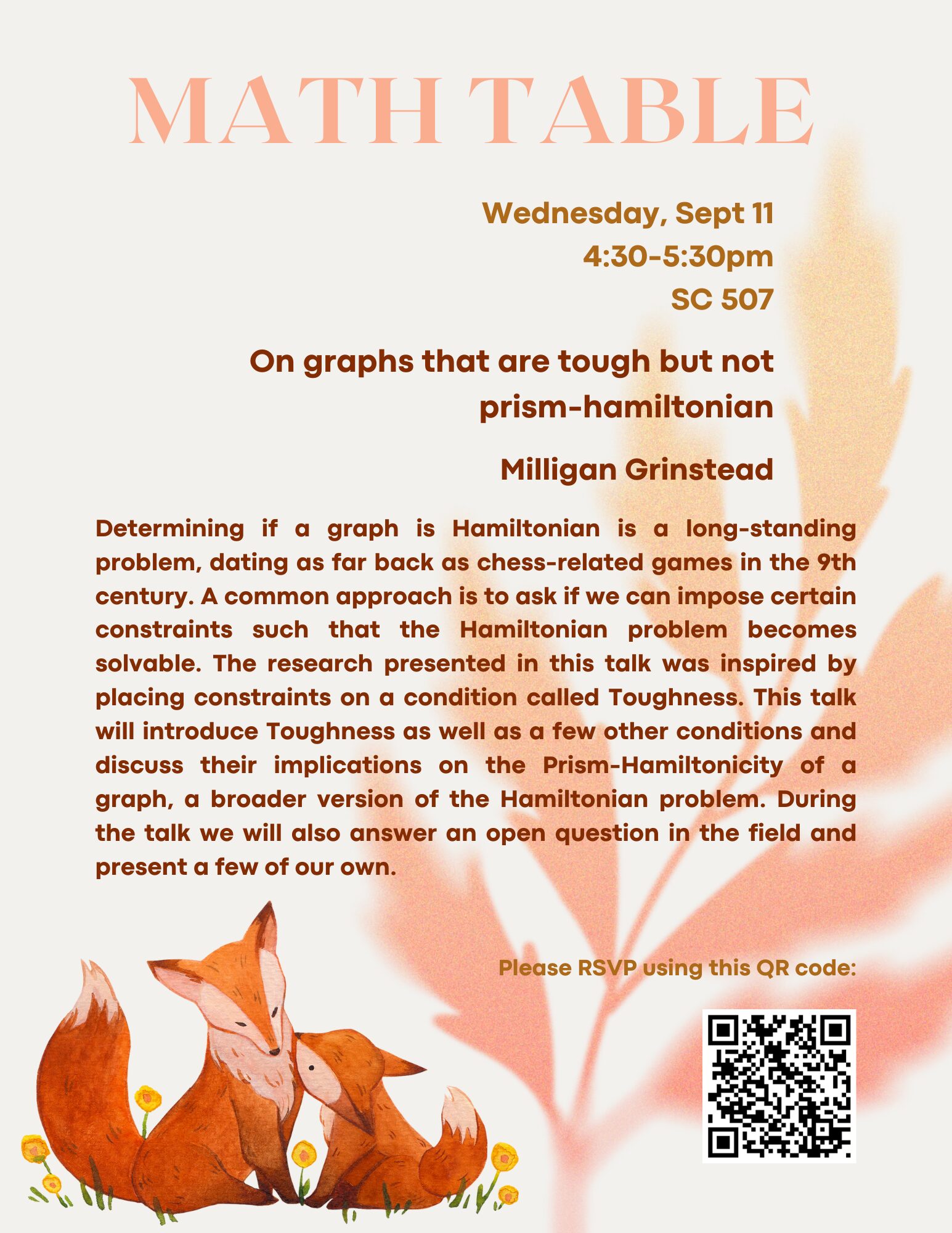A poster for a Harvard Math Table talk on graphs that are tough but not prism-hamiltonian.
