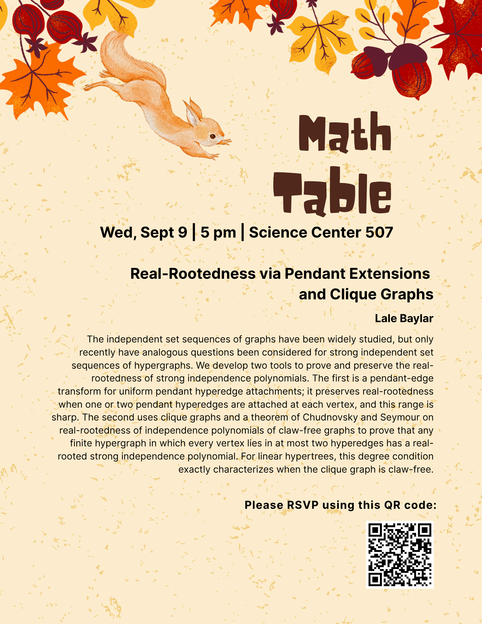 A poster with details about the September 9, 2026 Harvard Math Table talk.
