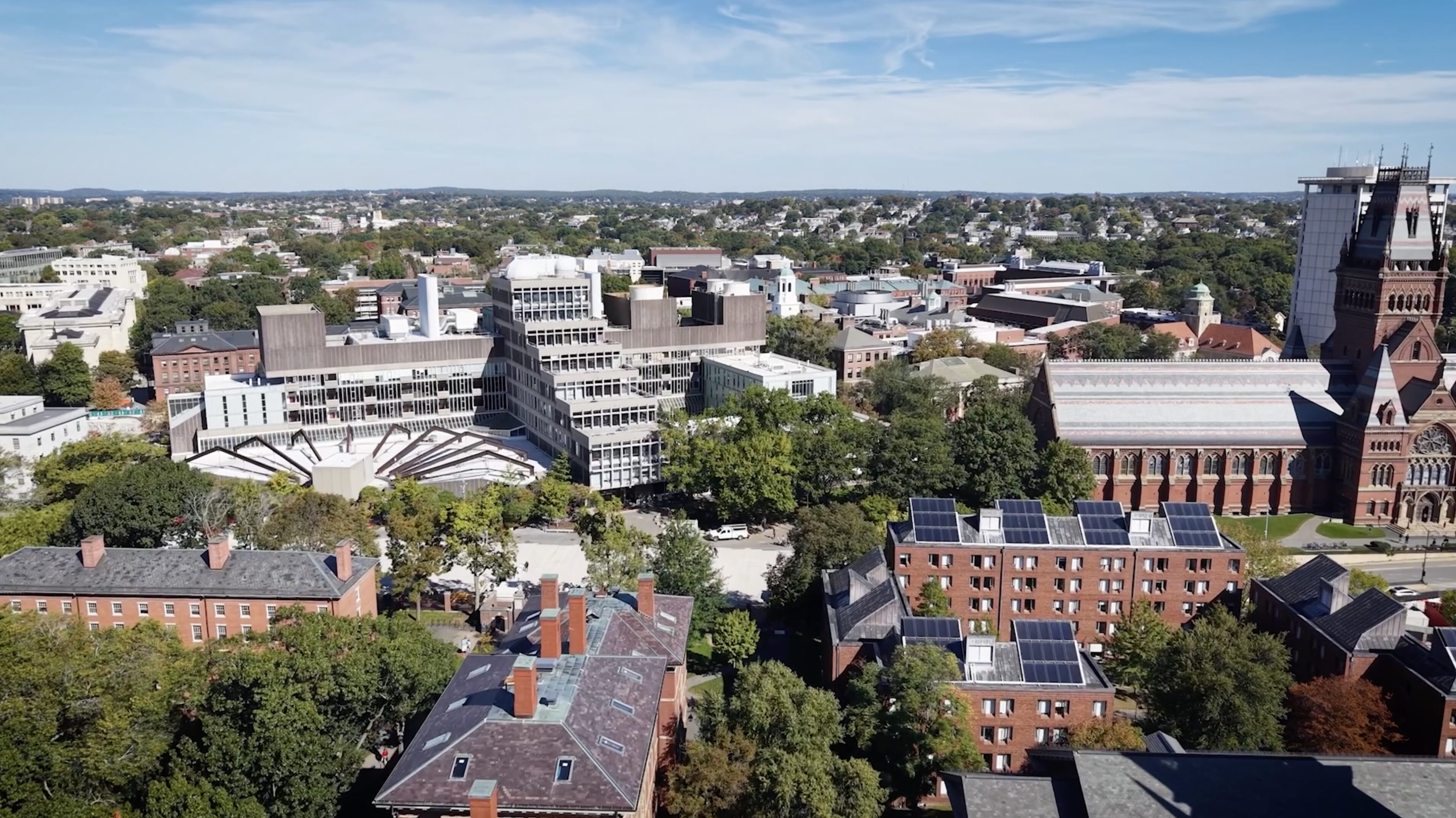 An aerial view of the Harvard Cambridge campus, including the Science Center building.