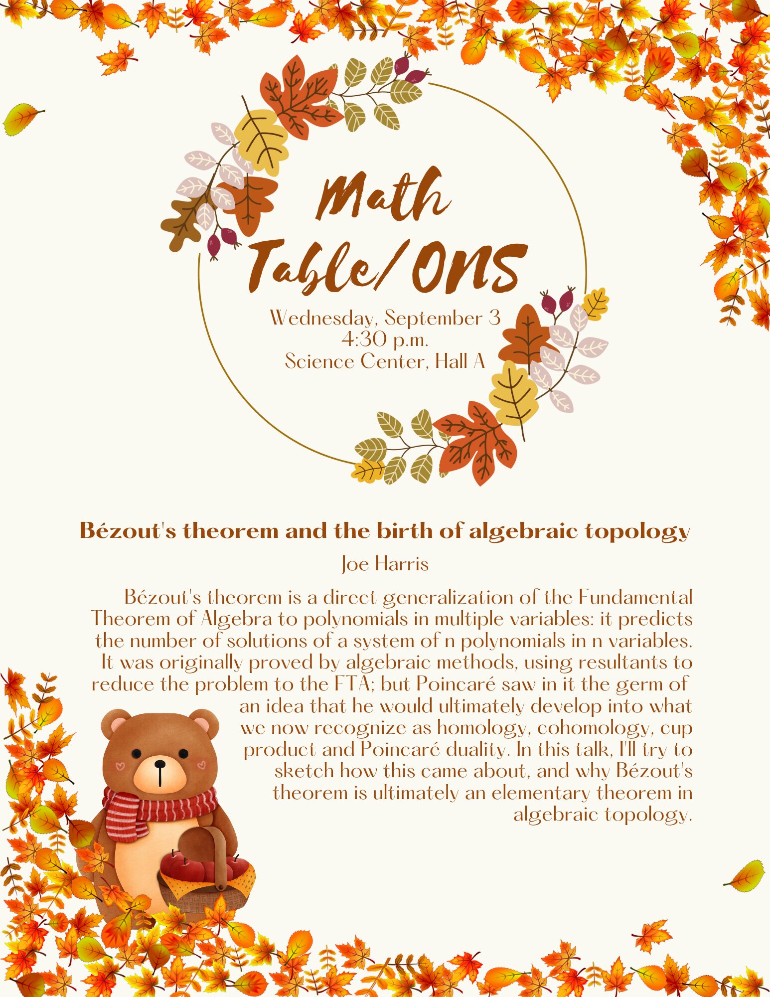 A poster with details about the September 3, 2025 Harvard Math Table talk.