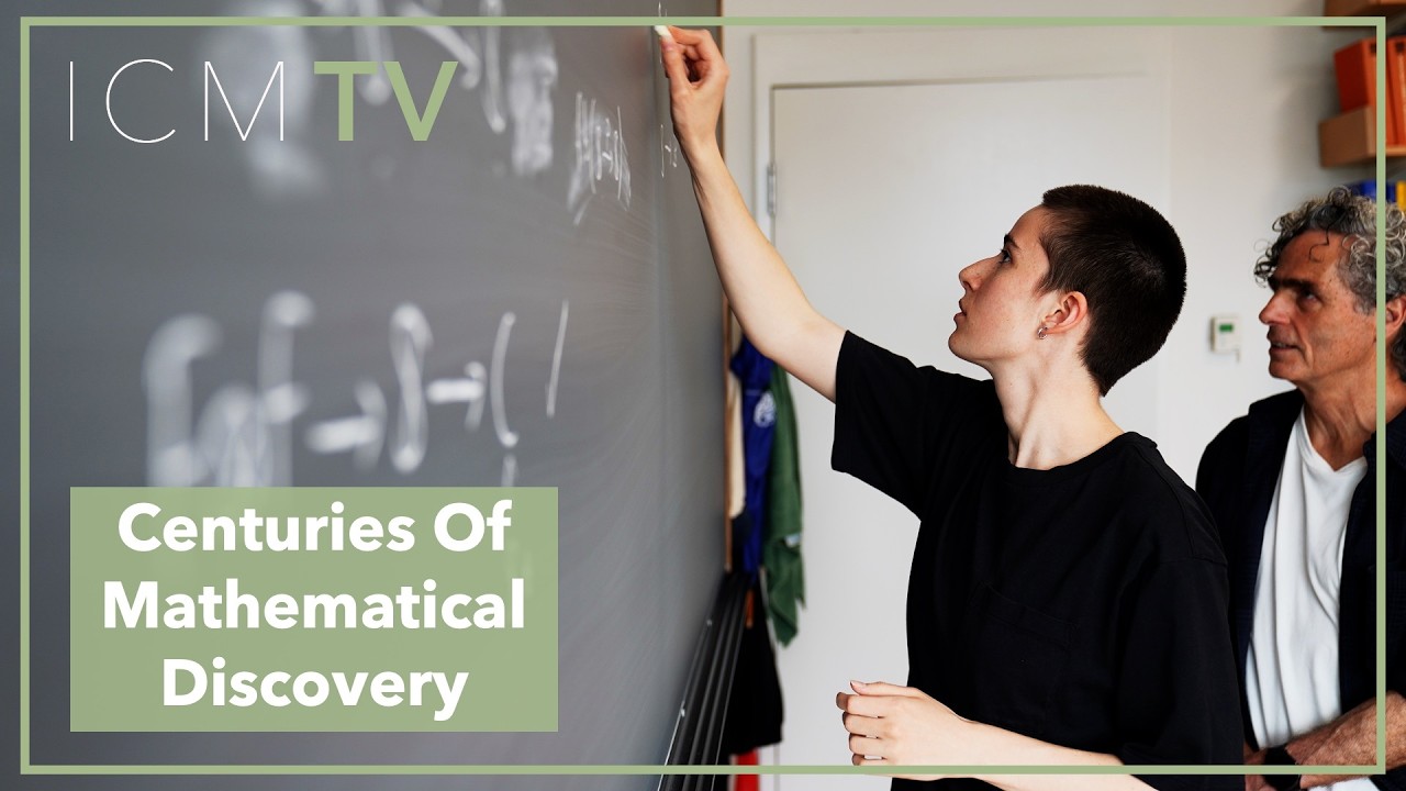 Two people standing in front of a blackboard, one of them writing math formulas. Text overlaid on the blackboard reads "Centuries of Mathematical Discovery."